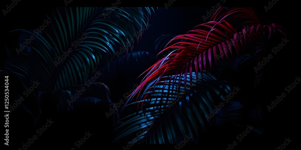 Fototapeta premium Ultra-modern tropical leaves composition with neon tones, bringing futuristic twist to nature’s beauty. Eye-catching wallpaper concept, luminous botanical landscape with a surreal, glowing jungle