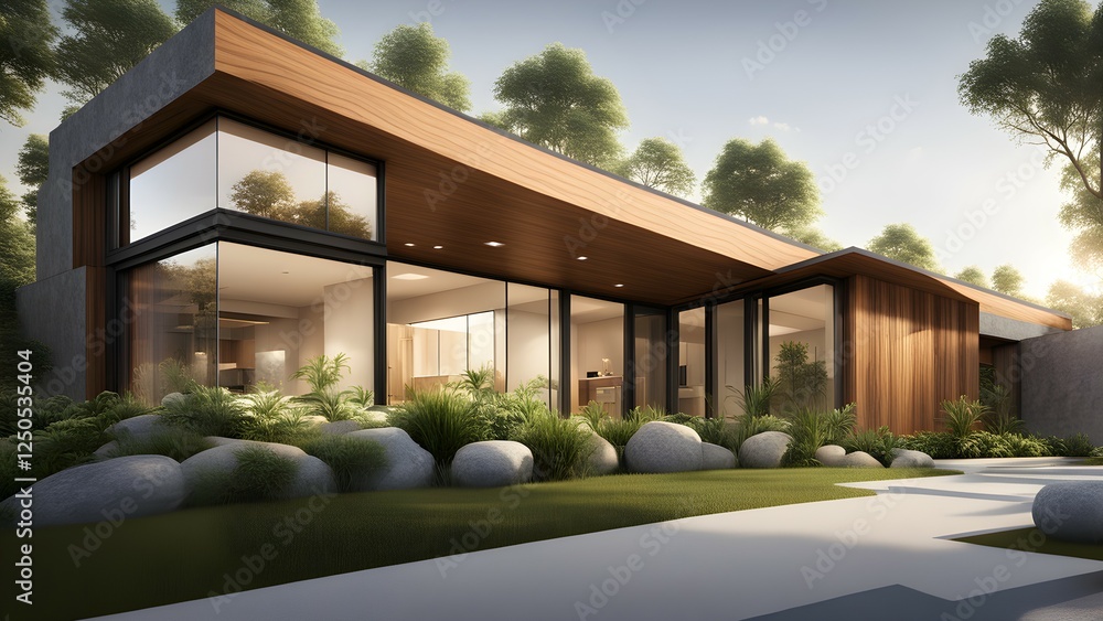 custom made wallpaper toronto digitalModern architectural house with large windows and natural landscaping.