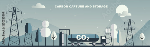 Carbon capture and storage transportation with a CO2 tanker truck, power lines, and industrial infrastructure, illustrating sustainable technology for reducing greenhouse gas emissions.