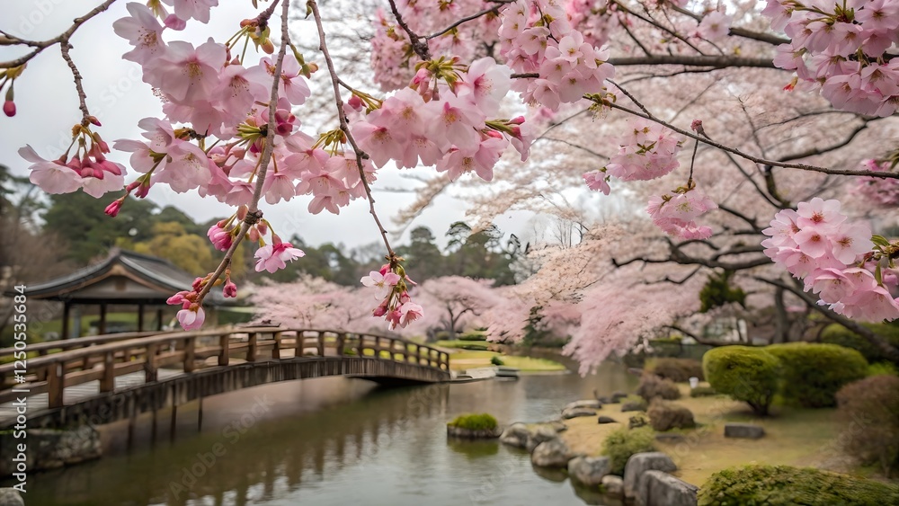 Serene Japanese Garden with Cherry Blossoms in Full Bloom Serene Japanese Garden with Cherry Blossoms in Full Bloom