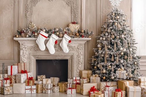 Christmas scene with presents on the floor, a decorated fireplace with garlands, and a tree with colorful toys and a white stocking. Warm festive atmosphere.