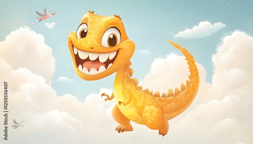 Fototapeta premium Happy Golden Dinosaur Soaring Through Fluffy Clouds