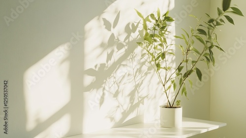 Sunlight Illuminates Plant and Casts Intricate Shadows on Wall