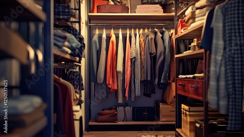 Organized walk-in closet with hanging clothes and shelf storage space photo