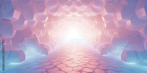 Abstract Pastel Hexagon Tunnel, Glowing Neon Lights, Futuristic Architecture