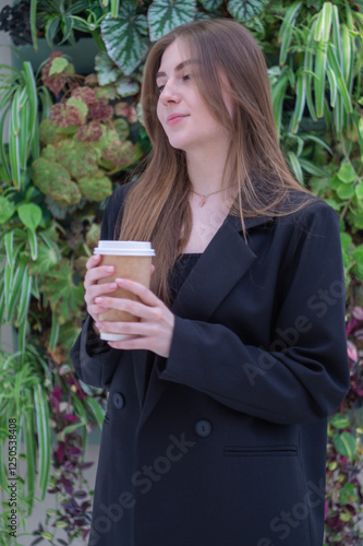 Pretty young girl with a cup of coffee against the background of a green hedge photo