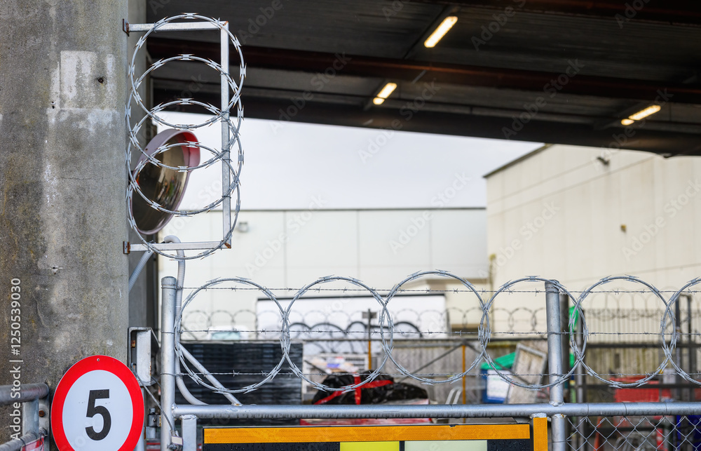 Razor and barbed wire topping a security fence. 5 kmh speed limit sign on the post.