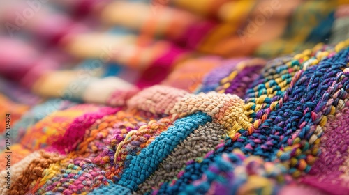 Colorful Woven Textile Close-Up: Vibrant Patterns and Textures on Handmade Fabric Showcasing Traditional Craftsmanship in a Contemporary Setting