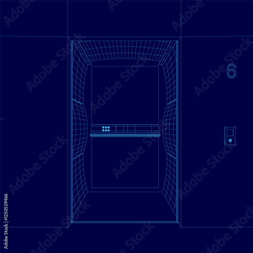 A blue image of an elevator with a door. The door is open and the inside of the elevator is shown