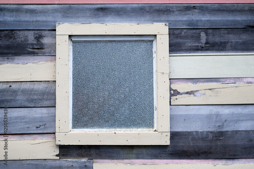 Frosted glass in an old wooden window frame in a rundown house.