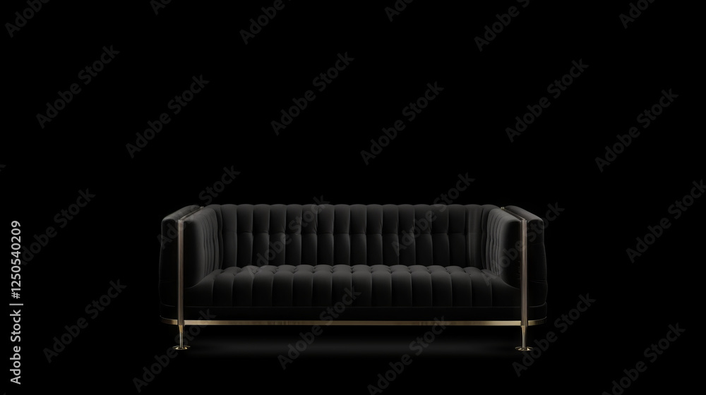 A luxurious charcoal black velvet sofa with tufted backrest and brass legs A luxurious charcoal black velvet sofa with tufted backrest and brass legs