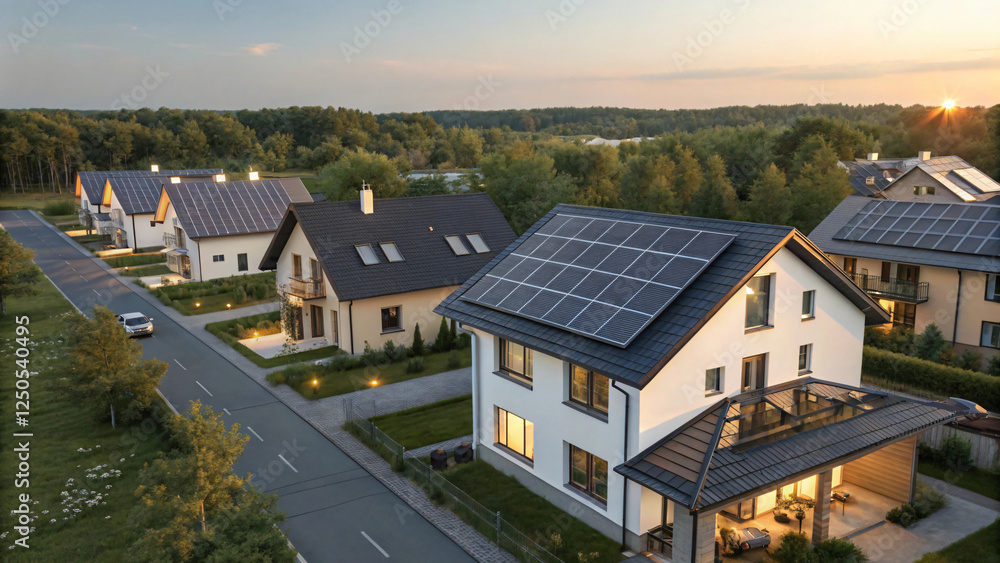 Modern Sustainable Homes with Solar Panels in a Scenic Sunset Setting Modern Sustainable Homes with Solar Panels in a Scenic Sunset Setting