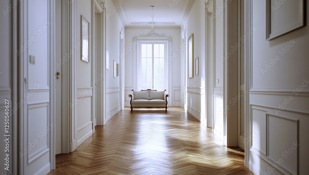 Fototapeta premium Elegant Hallway Interior Design: A Luxurious Wooden Floor, Classic White Walls, and a Comfortable Sofa, Beautifully Illuminated by Natural Light.