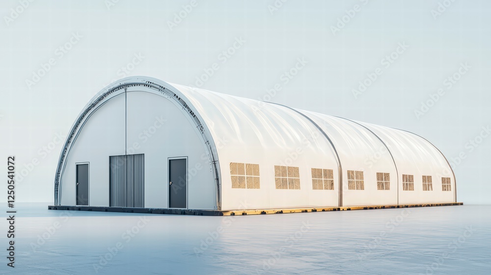 Industrial Shelter: A modern industrial building with a white arched roof and several windows, set against a bright, sunny sky, offering a sense of space and functionality. Industrial Shelter: A modern industrial building with a white arched roof and several windows, set against a bright, sunny sky, offering a sense of space and functionality.