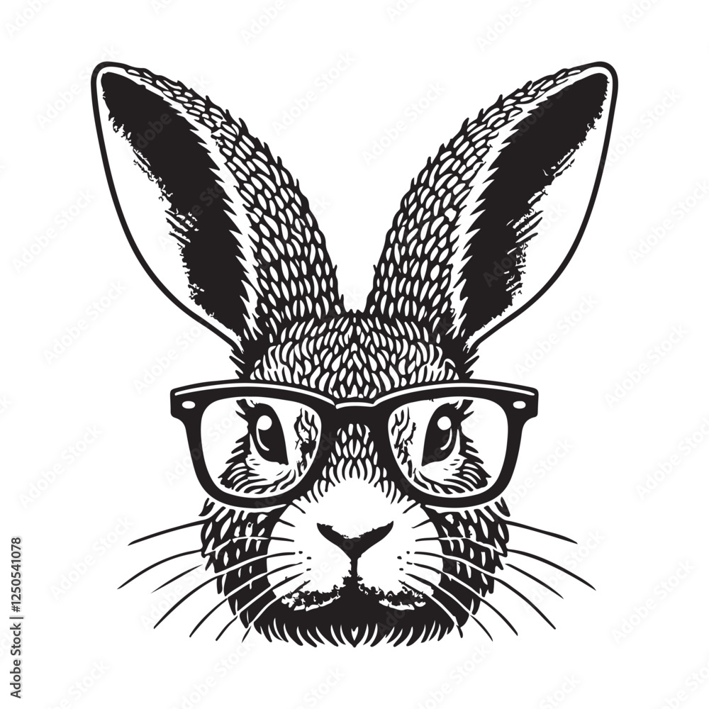 Obraz premium The image is a stylized, cartoonish illustration of a rabbit wearing glasses. The rabbit has large, pointed ears and a textured fur pattern. Design for clothing, packaging. Vector
