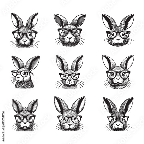 The image is a stylized, cartoonish illustration of a rabbit wearing glasses. The rabbit has large, pointed ears and a textured fur pattern. Design for clothing, packaging. Vector