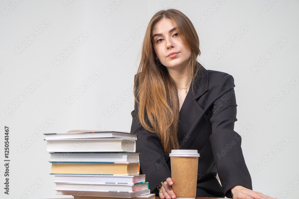 Pretty young girl in jacket sitting on a chair with stack of books on white background Pretty young girl in jacket sitting on a chair with stack of books on white background