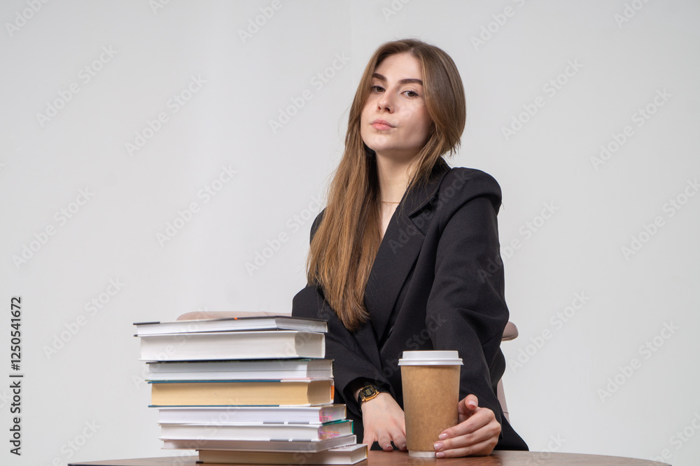 Pretty young girl in jacket sitting on a chair with stack of books on white background Pretty young girl in jacket sitting on a chair with stack of books on white background