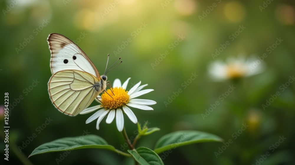 A butterfly resting on a delicate flower in a lush garden, surrounded by greenery, symbolizing tranquility and the beauty of the natural world.