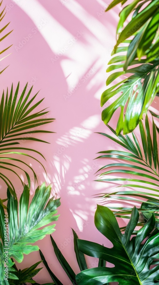 Pink Background with Tropical Leaves Pink Background with Tropical Leaves