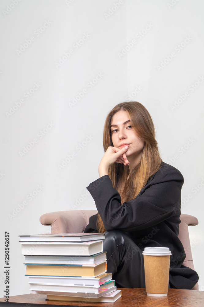 Pretty young girl in jacket sitting on a chair with stack of books on white background Pretty young girl in jacket sitting on a chair with stack of books on white background