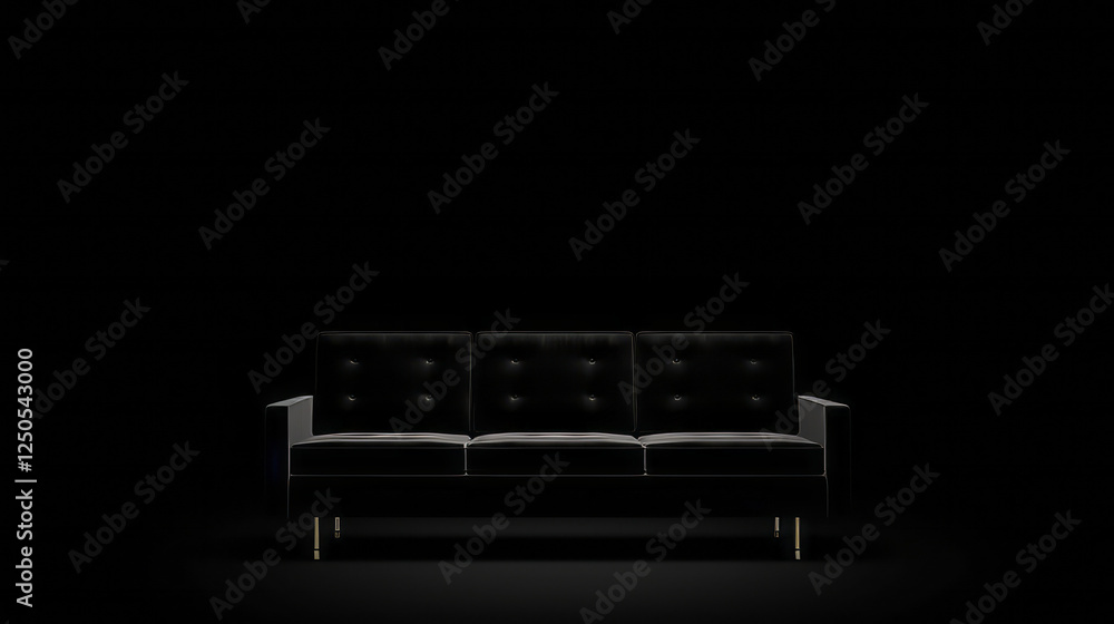 A luxurious charcoal black velvet sofa with tufted backrest and brass legs A luxurious charcoal black velvet sofa with tufted backrest and brass legs