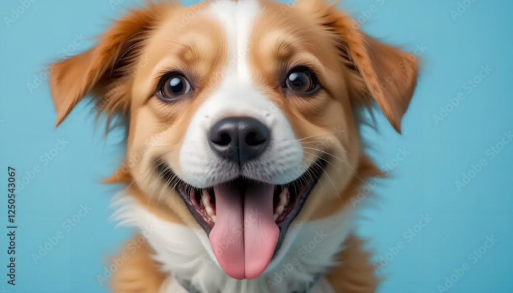 Joyful Puppy Portrait: A Happy Dog Smiles on a Vibrant Blue Background Joyful Puppy Portrait: A Happy Dog Smiles on a Vibrant Blue Background