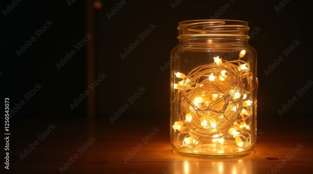 A close-up of warm fairy lights inside a glass jar, creating a magical glow A close-up of warm fairy lights inside a glass jar, creating a magical glow