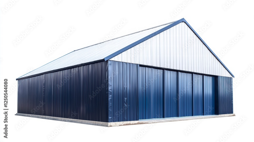 Fototapeta premium Modern Blue Metal Garage Building: A sleek and modern metal garage building with a blue exterior, showcasing a contemporary architectural design and sturdy construction, ideal for storage, workshops.