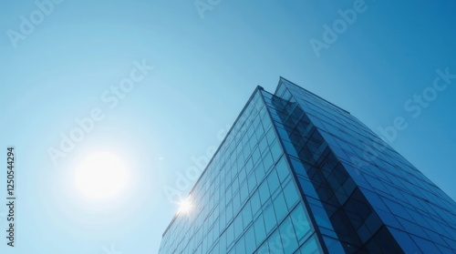 A sleek modern office building with a glass facade reflecting the sky, sharp lines and a professional look, captured on a bright sunny day