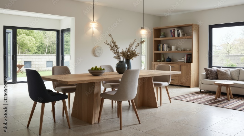 A modern wooden dining table with a sleek design, surrounded by stylish chairs, placed in a bright dining area with large windows A modern wooden dining table with a sleek design, surrounded by stylish chairs, placed in a bright dining area with large windows