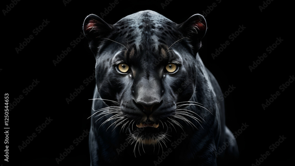 Close-Up Portrait of Majestic Black Panther with Intense Gaze on Black Background Wildlife Beauty and Elegance Close-Up Portrait of Majestic Black Panther with Intense Gaze on Black Background Wildlife Beauty and Elegance