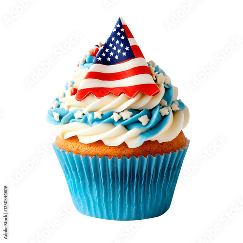 Stylist cupcake with design of American flag isolated on transparent white background, clopping path, PNG. photo