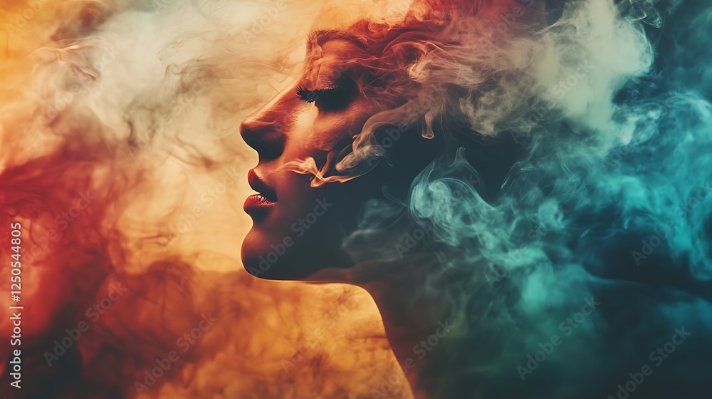 Woman's profile obscured by colorful smoke. Woman's profile obscured by colorful smoke.
