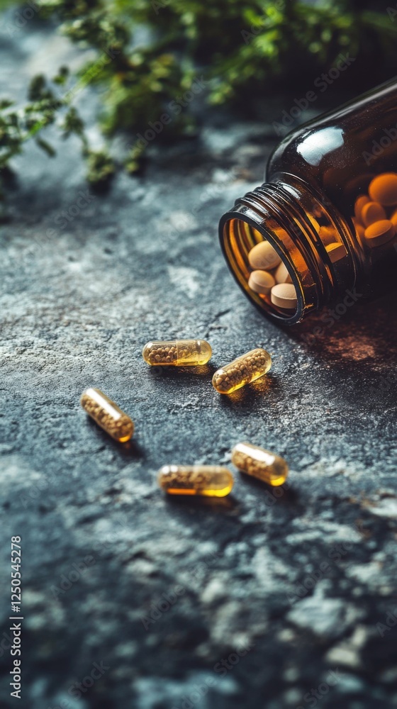 Close-Up of Spilled Capsules and Tablets from Glass Bottle on Stone Surface Close-Up of Spilled Capsules and Tablets from Glass Bottle on Stone Surface