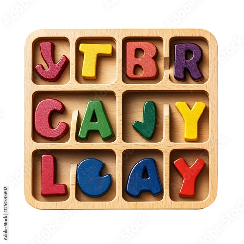 Wooden alphabet puzzle with engraved letter slots and bold multicolored letters for kidsa?? learning, isolated on white background on white background - Image photo