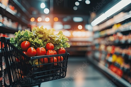 Grocery Shopping Cart Filled with Fresh Produce in Supermarket Aisle