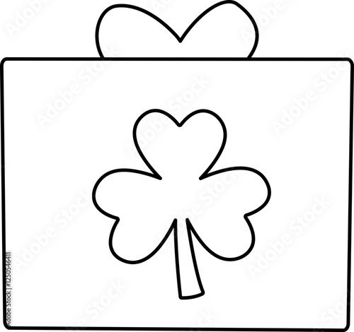 Gift Box with Clover Decoration outline.
St. Patrick's day gift box coloring page vector.
St. Patrick's day gift wrapping Isolated. 
Transparent background.