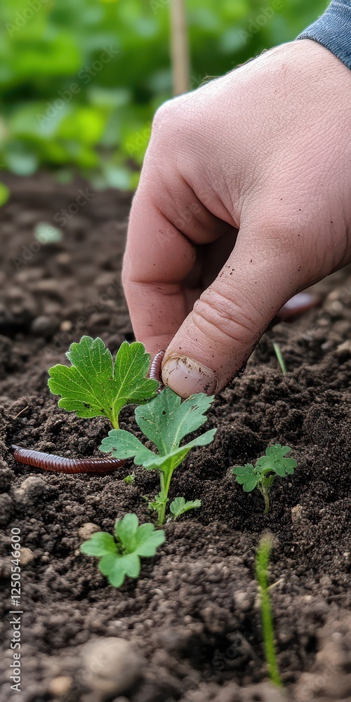 Close-Up of a Hand Holding an Earthworm in Rich, Dark Soil: Nature's Vital Recycler Close-Up of a Hand Holding an Earthworm in Rich, Dark Soil: Nature's Vital Recycler
