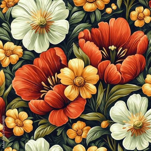 Wallpaper Mural Red and white flowers seamless pattern, dark background, floral design for fabric or wallpaper Torontodigital.ca