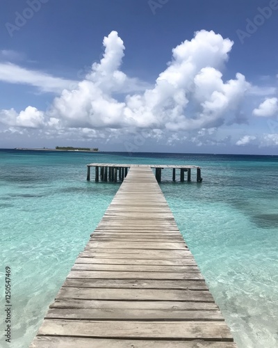 Tropical wooden pier over turquoise water, island in background, idyllic getaway