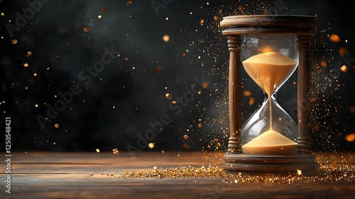 Fototapeta Naklejka Na Ścianę i Meble -  Vintage ornate hourglass with flowing sand against a dark and sparkling background representing the passage of time patience and the urgency of transitioning moments
