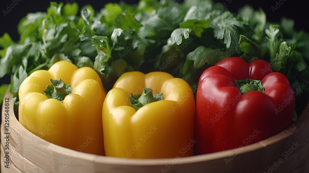 Fresh bell peppers and herbs in wooden bowl Fresh bell peppers and herbs in wooden bowl