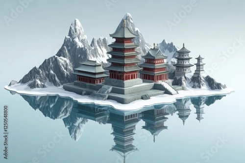 Wallpaper Mural A serene, snowy landscape featuring traditional pagodas reflected in calm water, surrounded by majestic mountains. Torontodigital.ca