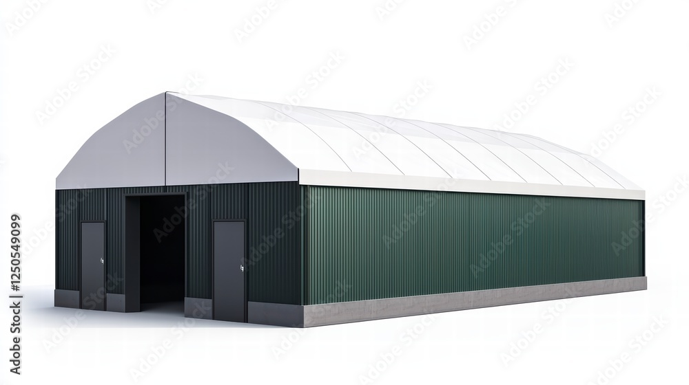 Fototapeta premium Modern Industrial Warehouse: A modern industrial warehouse structure features a metal facade, curved roof, and closed doors. The warehouse suggests functionality and efficiency.