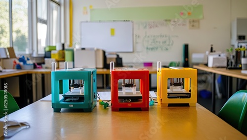 Colorful 3D Printers in a Bright Classroom Setting