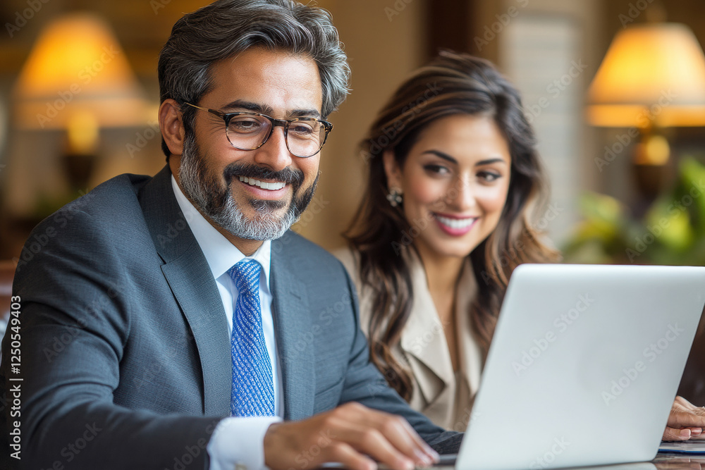 A professional man and woman collaborate on a laptop, smiling in a cozy, well-lit environment, showcasing teamwork and modern business interaction. A professional man and woman collaborate on a laptop, smiling in a cozy, well-lit environment, showcasing teamwork and modern business interaction.