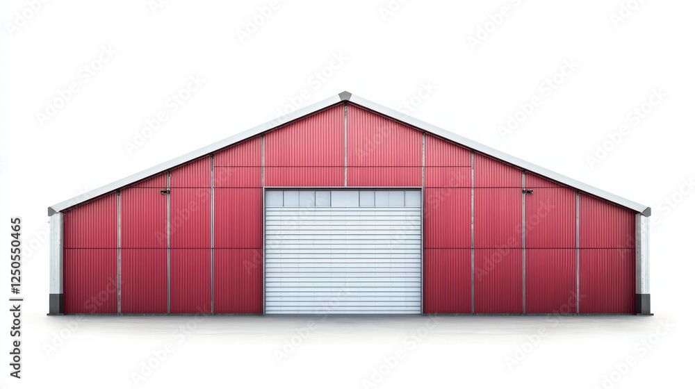 Fototapeta premium Red Barn with Garage Door: A classic red barn stands tall with a large, white garage door, creating a picture of rural simplicity and functional beauty.