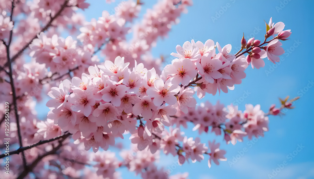 Delicate Pink Cherry Blossoms Bloom Against a Vibrant Blue Sky Delicate Pink Cherry Blossoms Bloom Against a Vibrant Blue Sky