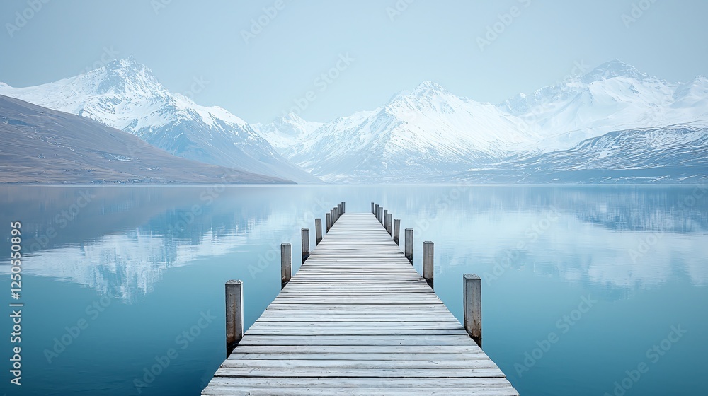 Serene lake pier, snow-capped mountains, calm waters, winter landscape, peaceful scene Serene lake pier, snow-capped mountains, calm waters, winter landscape, peaceful scene